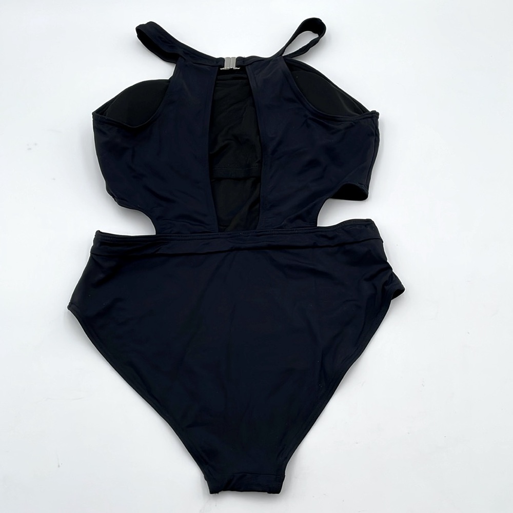 Holipick Black One-Piece Monokini Swimsuit High Neck Cutout Snap/Hook Closure - Picture 6 of 17
